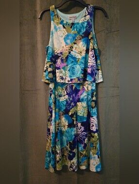 Shelby & Palmer Blue Teal Floral Cold-Shoulder Midi Dress